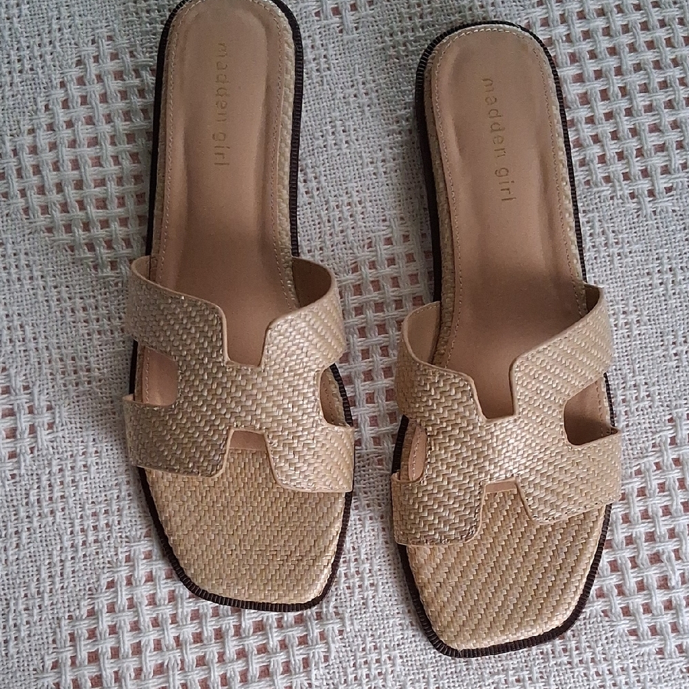 Madden Girl Tan Woven Slide Mules